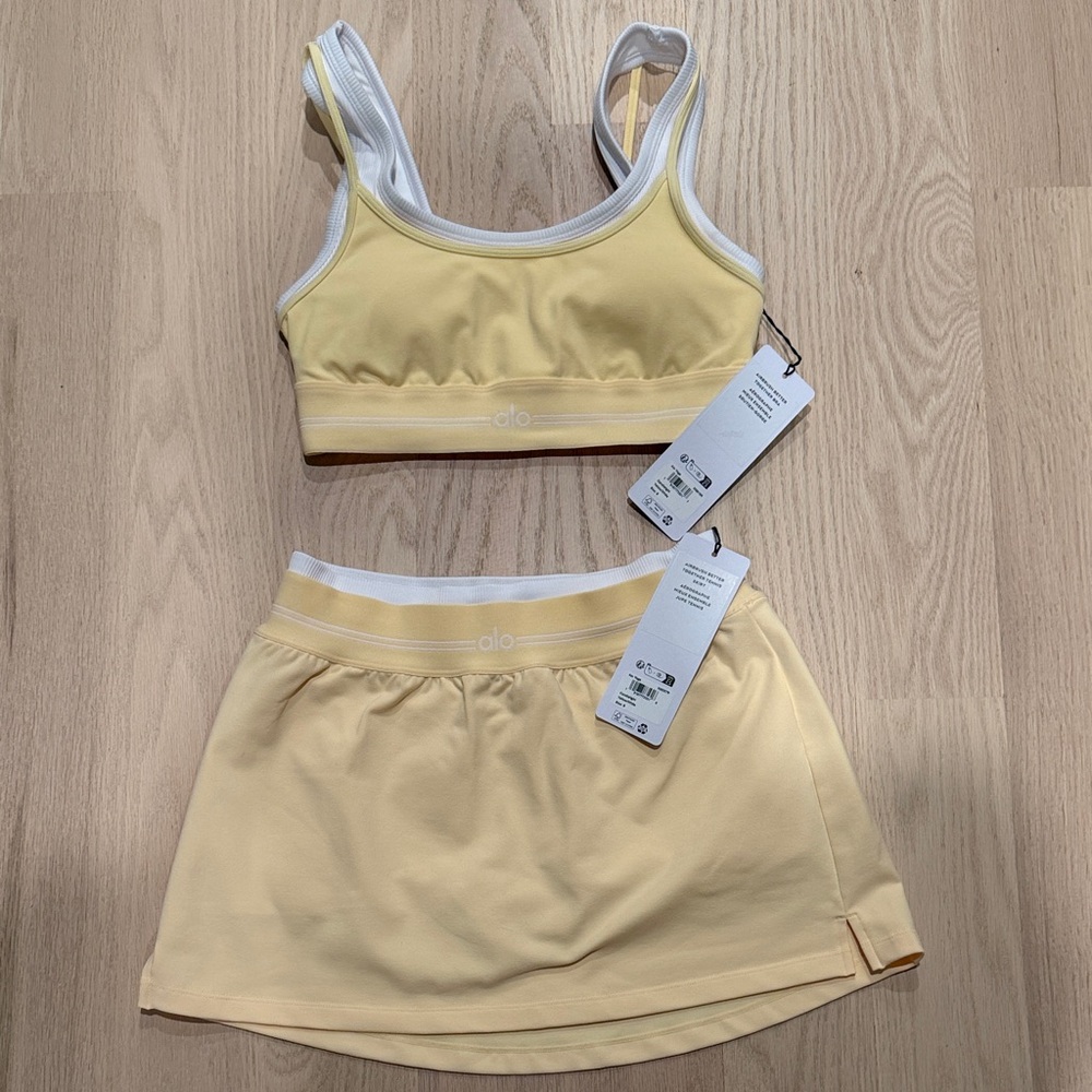 ALO Yoga Airbrush Candlelight Yellow Better Together Bra and Skort Set - NWT